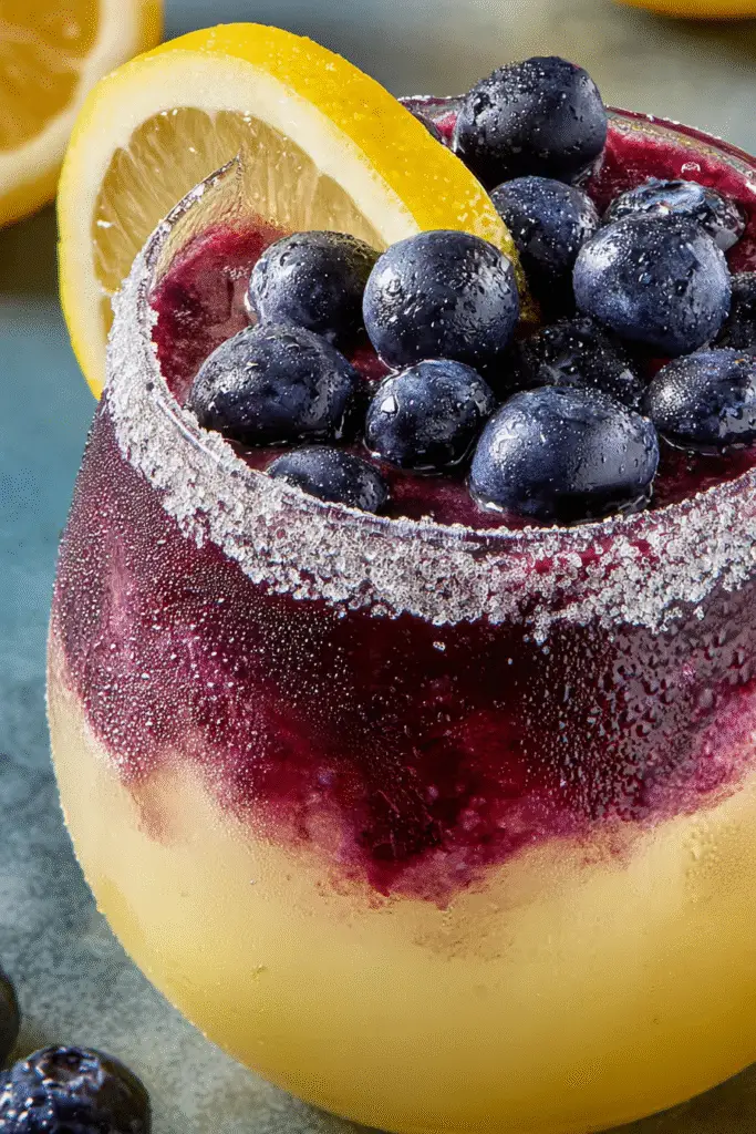 Close-up blueberry lemon drop slushie with sugar rim, frosty layers, juicy blueberries, and lemon slice on glass rim