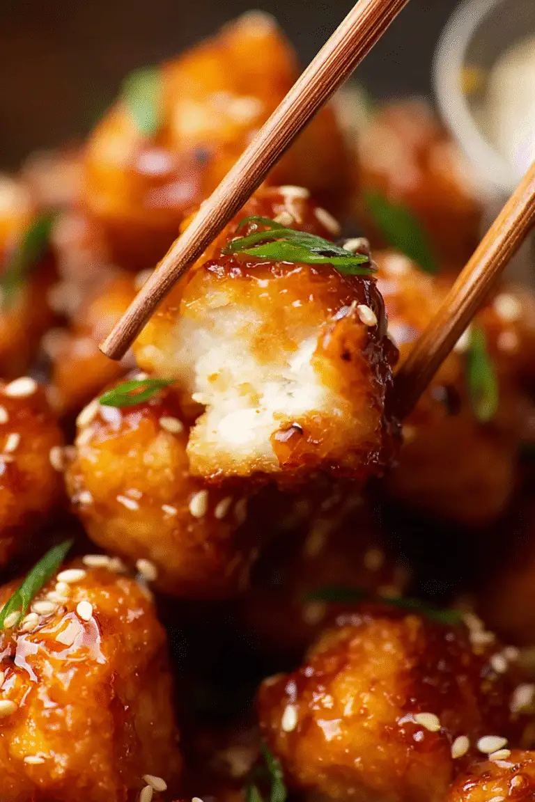 Crispy honey chicken held by chopsticks showing juicy inside, topped with sesame seeds and green onions