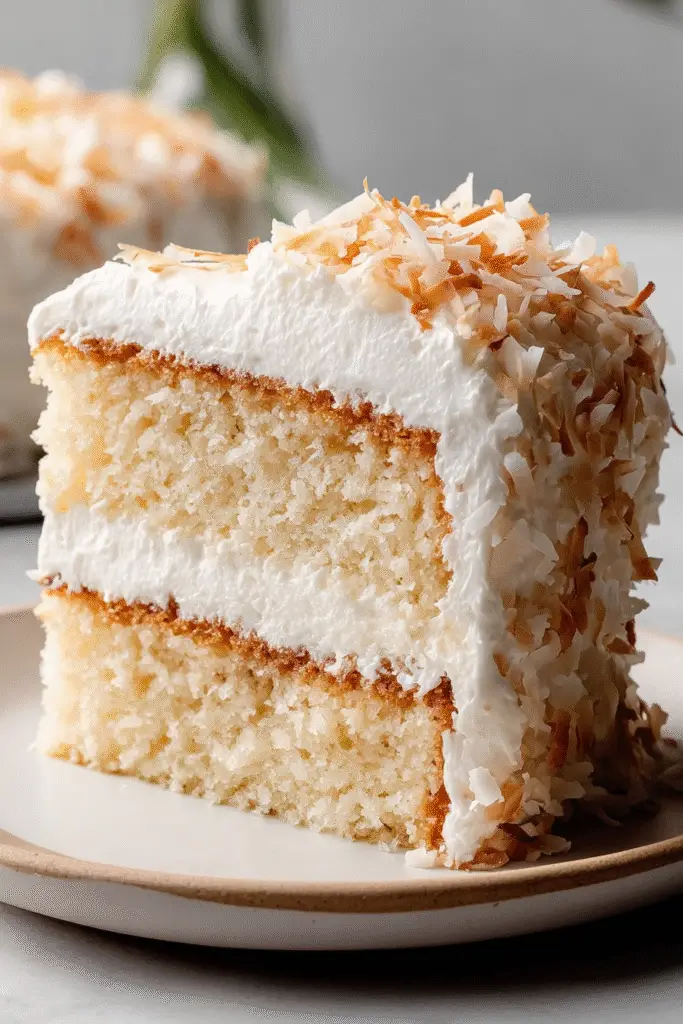 Coconut Cloud Bites layered with fluffy vanilla cake, whipped cream frosting, and toasted coconut flakes for a dreamy dessert