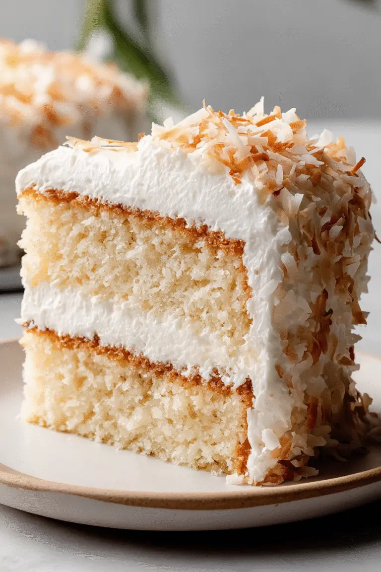 Coconut Cloud Bites layered with fluffy vanilla cake, whipped cream frosting, and toasted coconut flakes for a dreamy dessert
