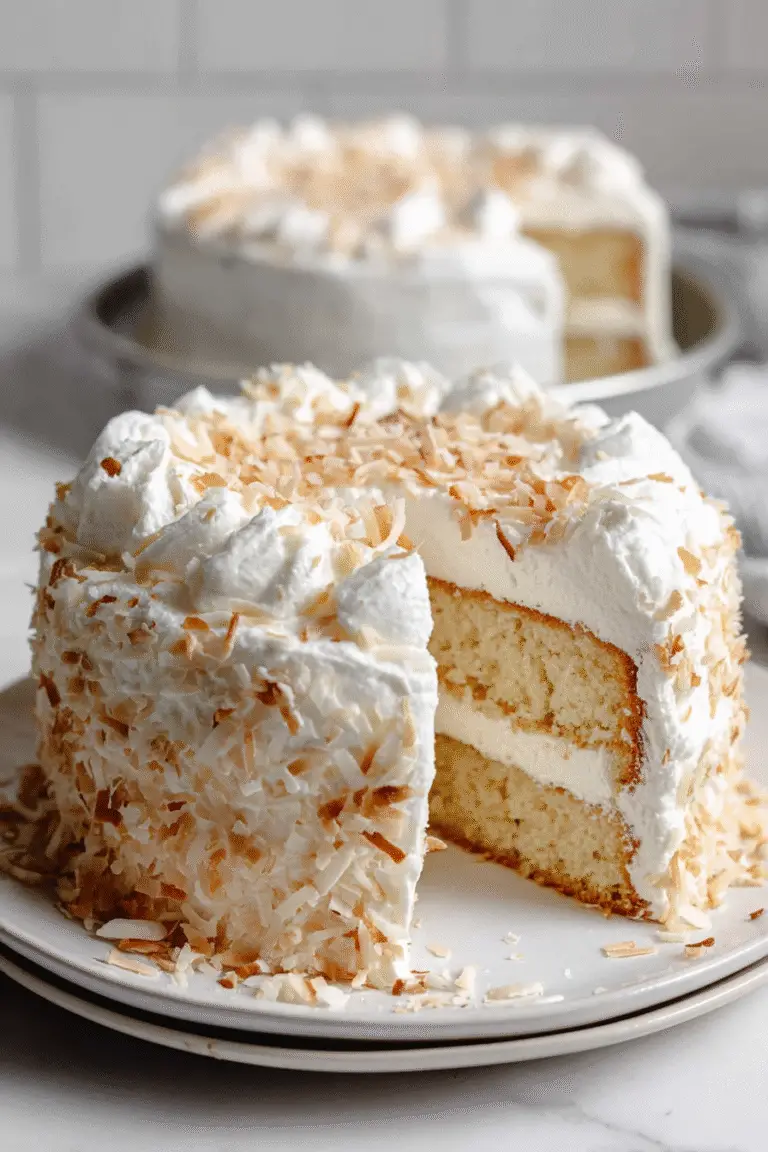 Coconut Cloud Bites cake with fluffy vanilla layers, creamy whipped frosting, and toasted coconut flakes for a dreamy dessert