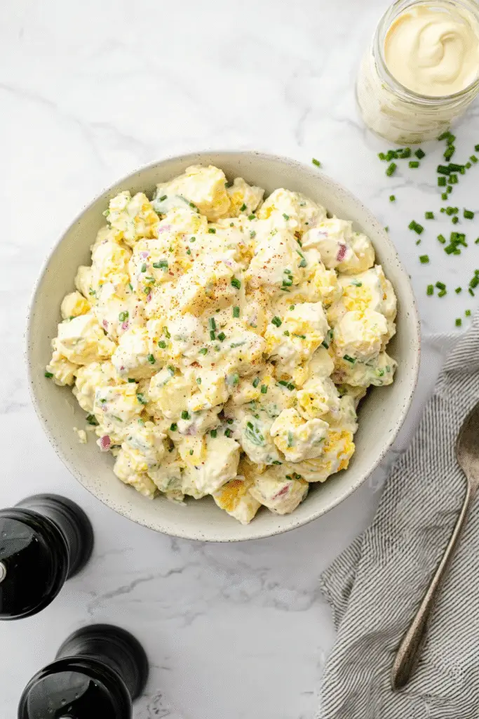 Creamy All-American potato salad with chives and paprika in a white bowl, served on marble with pepper mills and a spoon