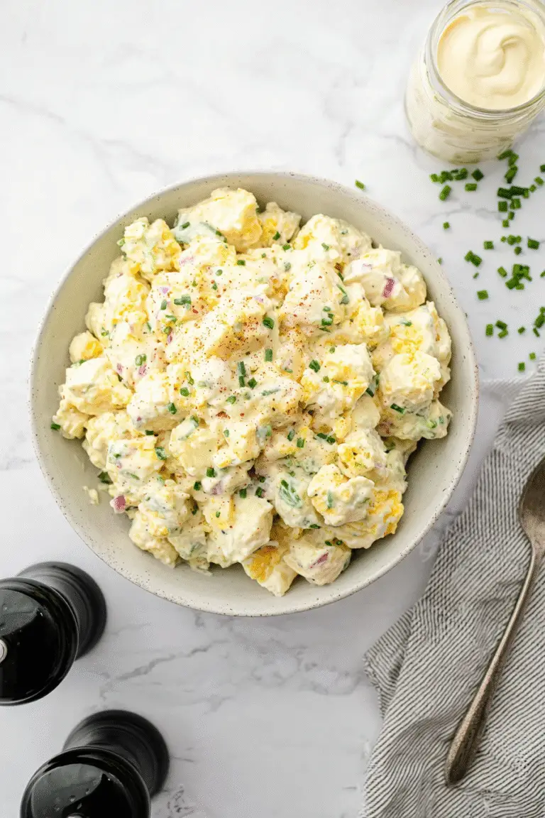 Creamy All-American potato salad with chives and paprika in a white bowl, served on marble with pepper mills and a spoon