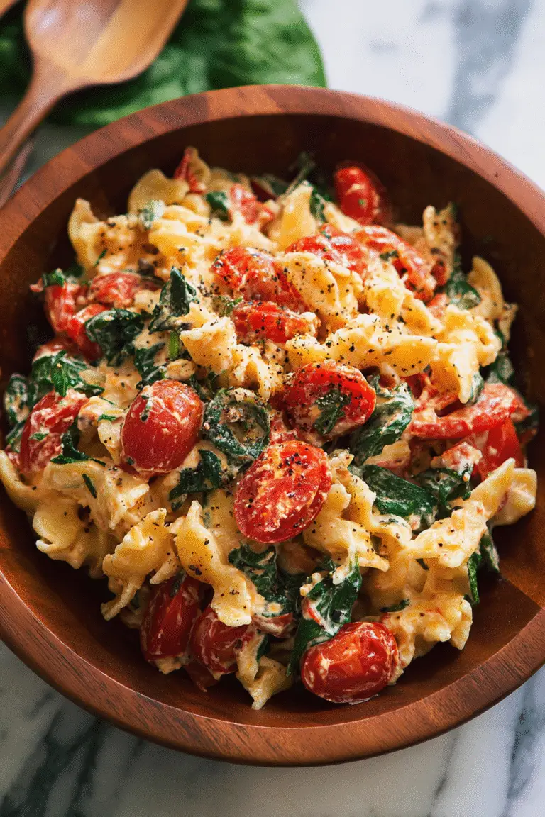 Creamy baked feta pasta served in a wooden bowl with roasted tomatoes, fresh spinach, and black pepper on top