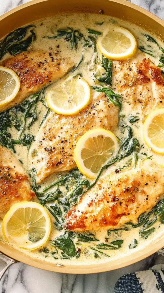 Golden chicken breasts in creamy lemon spinach sauce, garnished with fresh lemon slices in a skillet