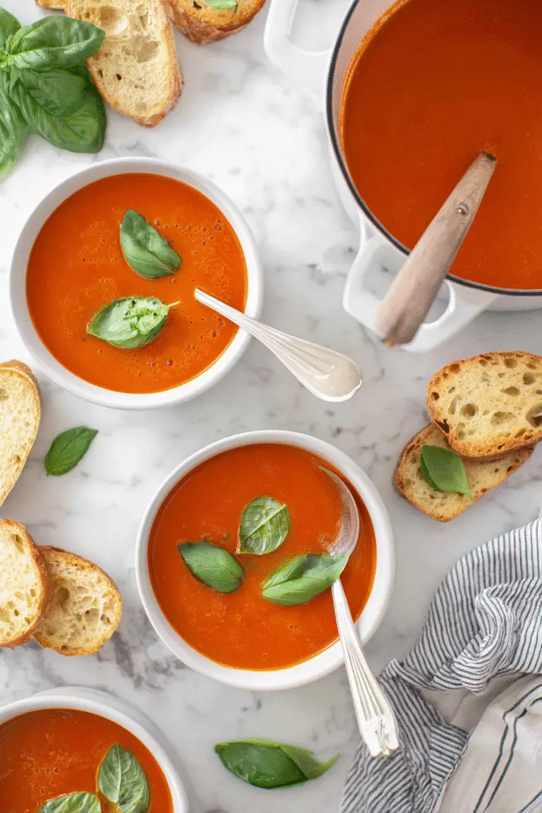 Creamy tomato basil soup in white bowls, garnished with fresh basil leaves, served with crusty bread slices on marble