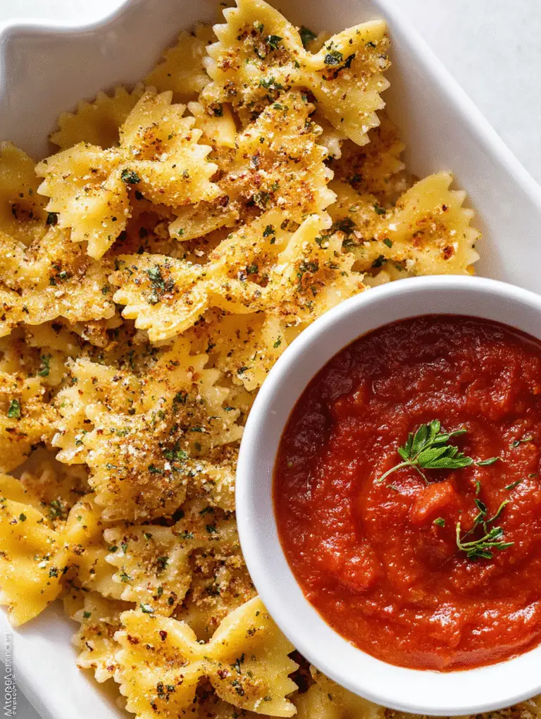 Herb-seasoned air fryer bowtie pasta chips dipped in marinara sauce served in a white bowl on a plate