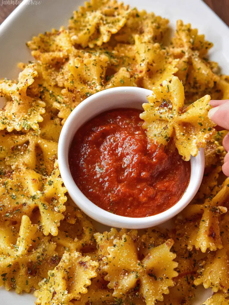 Herb-seasoned air fryer bowtie pasta chips dipped in marinara sauce served in a white bowl on a plate