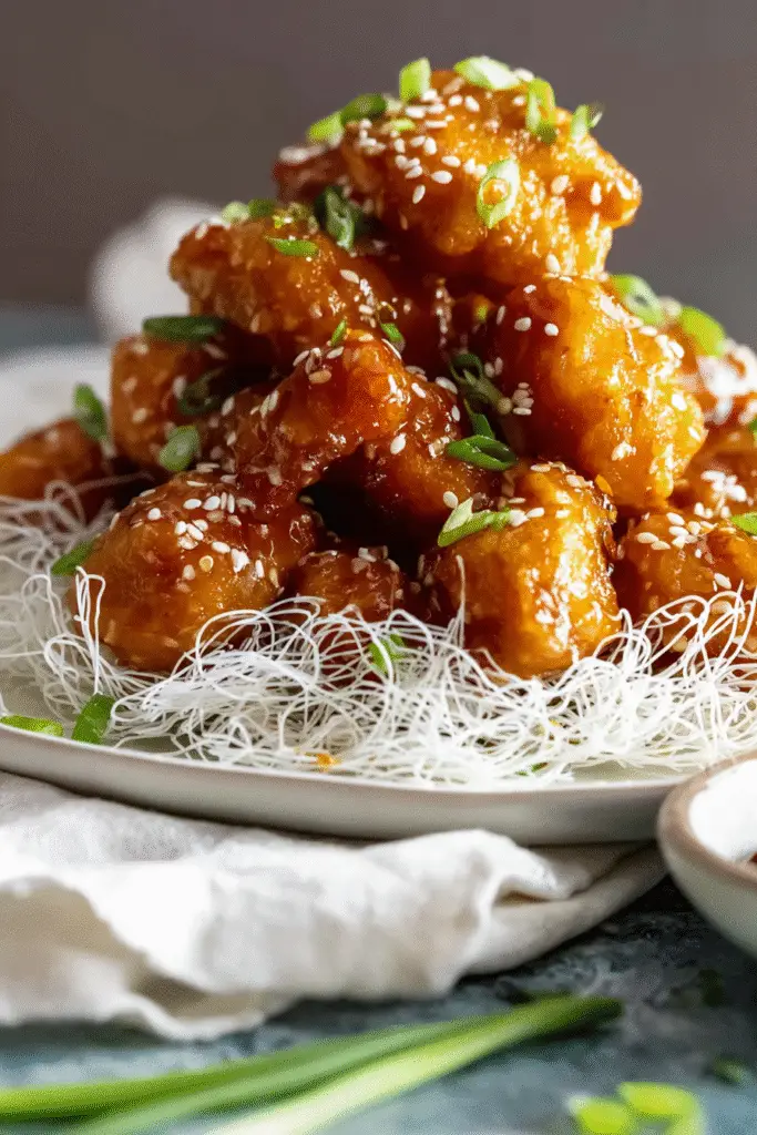 Golden honey chicken stacked on crispy noodles, topped with sesame seeds and scallions, served on a white plate