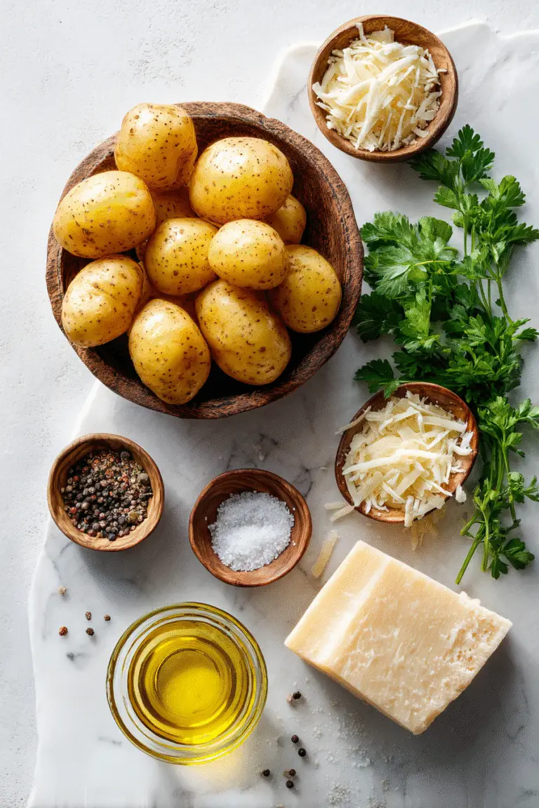 Fresh baby potatoes, parmesan cheese, olive oil, parsley, salt, and pepper arranged on a marble counter for crispy smashed potatoes.
