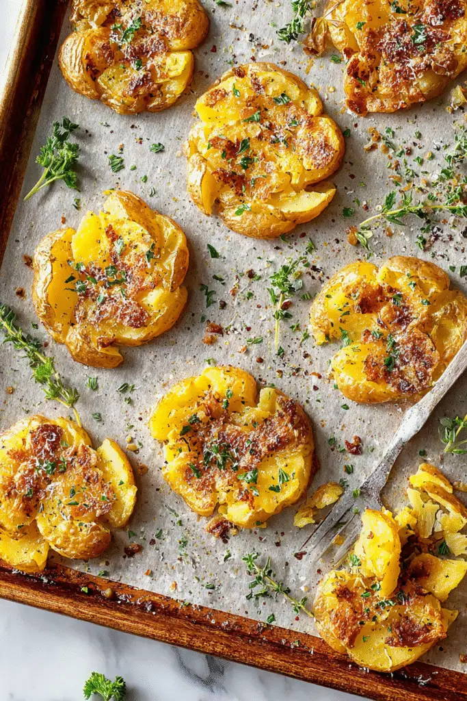 Crispy smashed potatoes baked golden with herbs, garlic, and parmesan, served on a tray for a savory side dish.