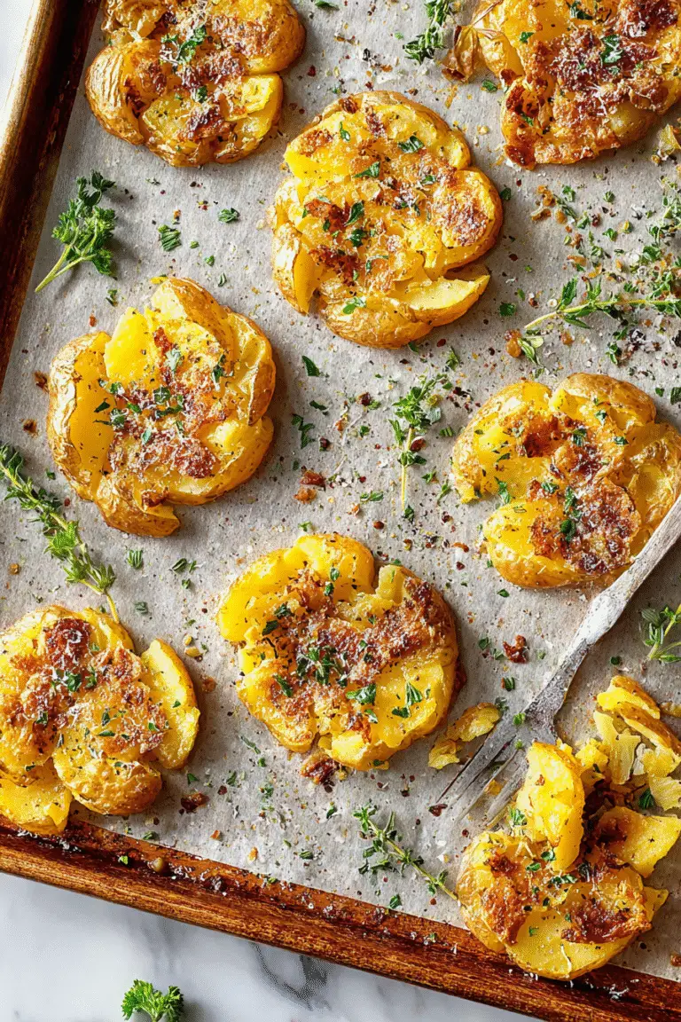 Crispy smashed potatoes baked golden with herbs, garlic, and parmesan, served on a tray for a savory side dish.