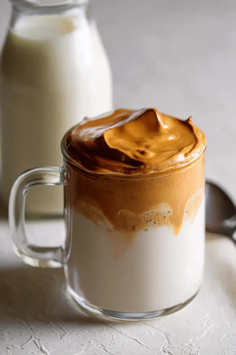 Fluffy whipped dalgona coffee topping layered over cold milk in a clear mug with milk bottle in background