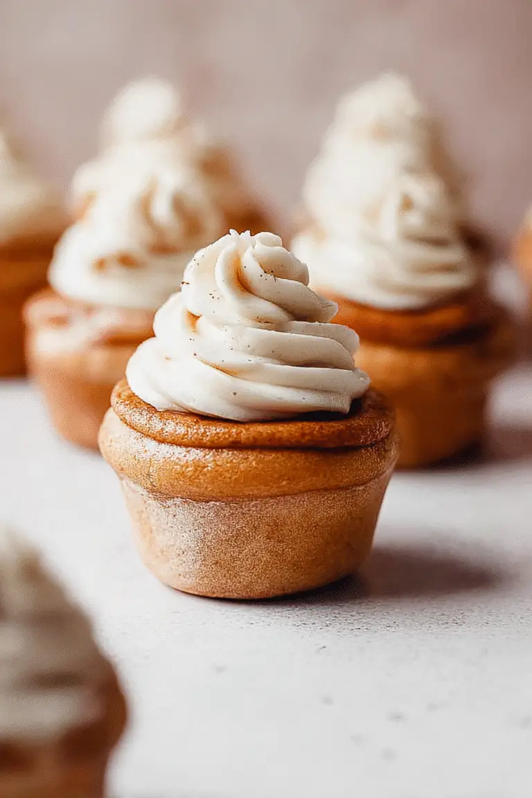 Golden brown cinnamon roll cupcakes topped with swirls of creamy frosting, perfect for a sweet breakfast or dessert treat