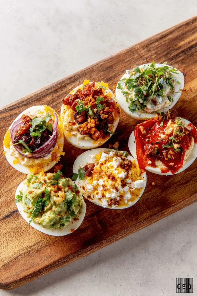 Close-up egg flight on wooden board, six deviled halves with varied toppings bright light on white stone counter surface