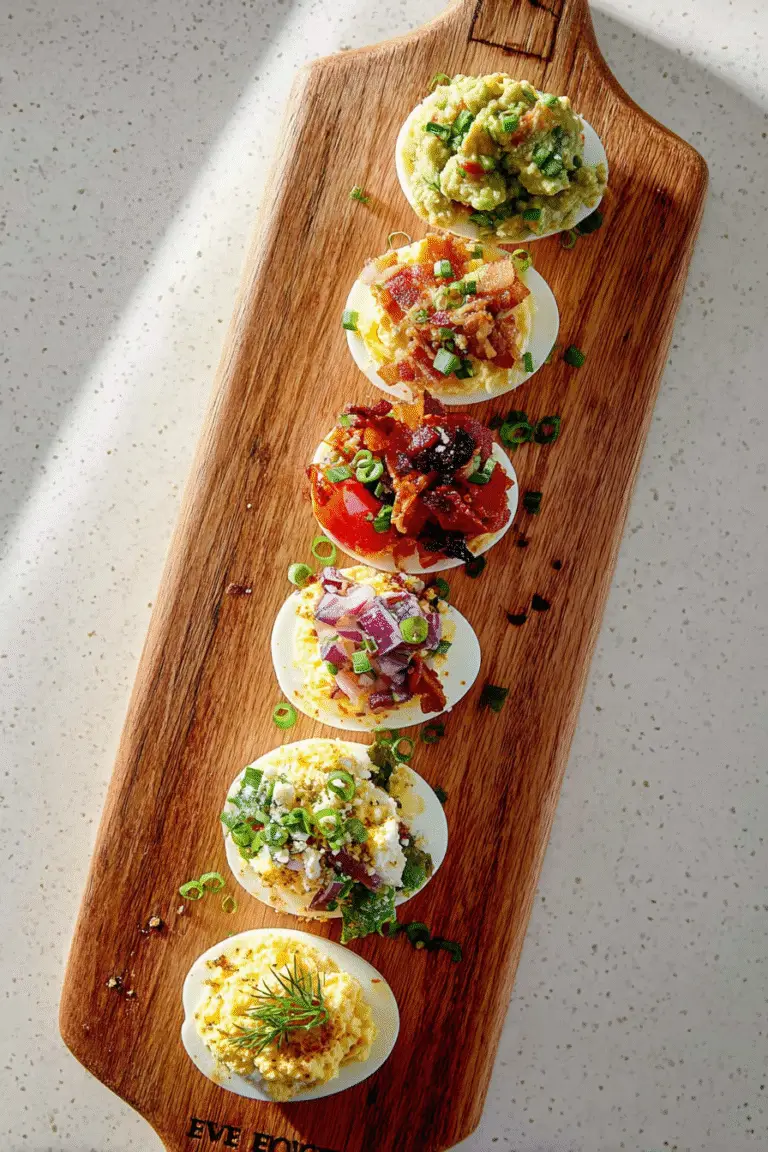 Egg flight on wooden board with six deviled halves, each topped differently, bright natural light on white stone counter