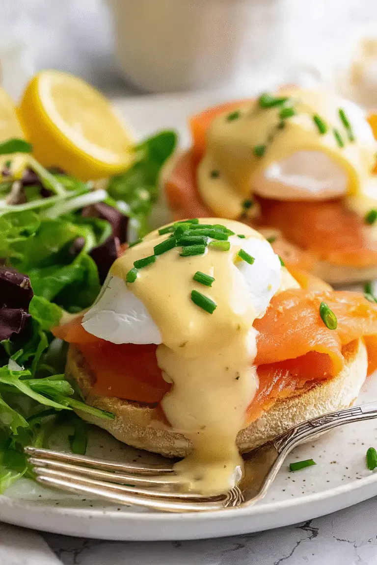 Perfectly poached egg with smoked salmon on an English muffin, topped with hollandaise sauce and fresh chives