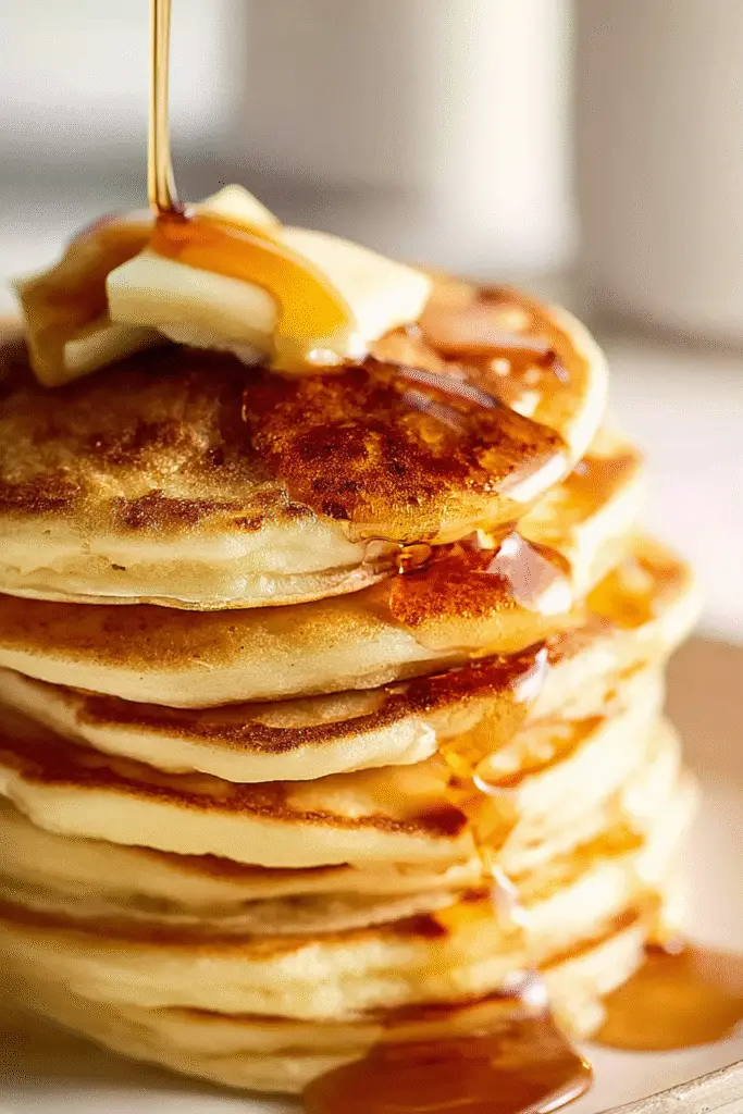 Close-up of fluffy pancakes topped with melting butter and drizzled with golden maple syrup for a warm, delicious bite.