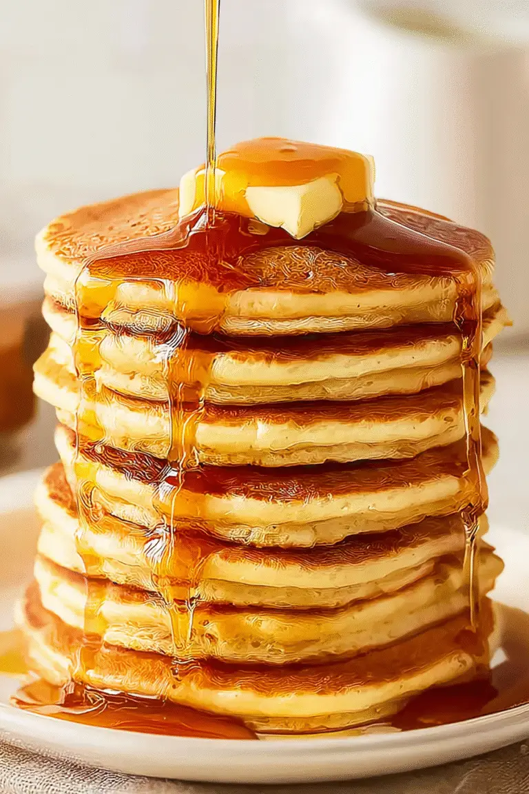 Tall stack of fluffy pancakes topped with butter and drenched in golden maple syrup cascading down each layer.
