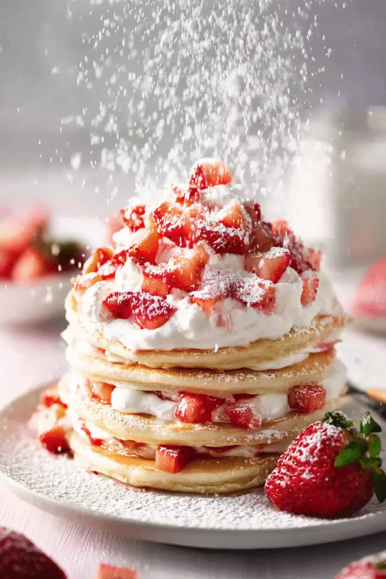 Fluffy pancakes layered with whipped cream and fresh strawberries, dusted generously with powdered sugar for a sweet finish.