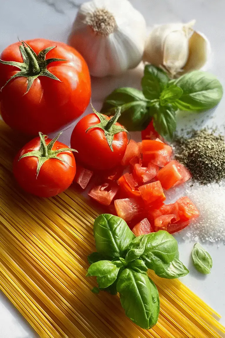 Fresh spaghetti ingredients with ripe tomatoes, garlic, basil, and seasonings ready to cook a classic Italian pasta