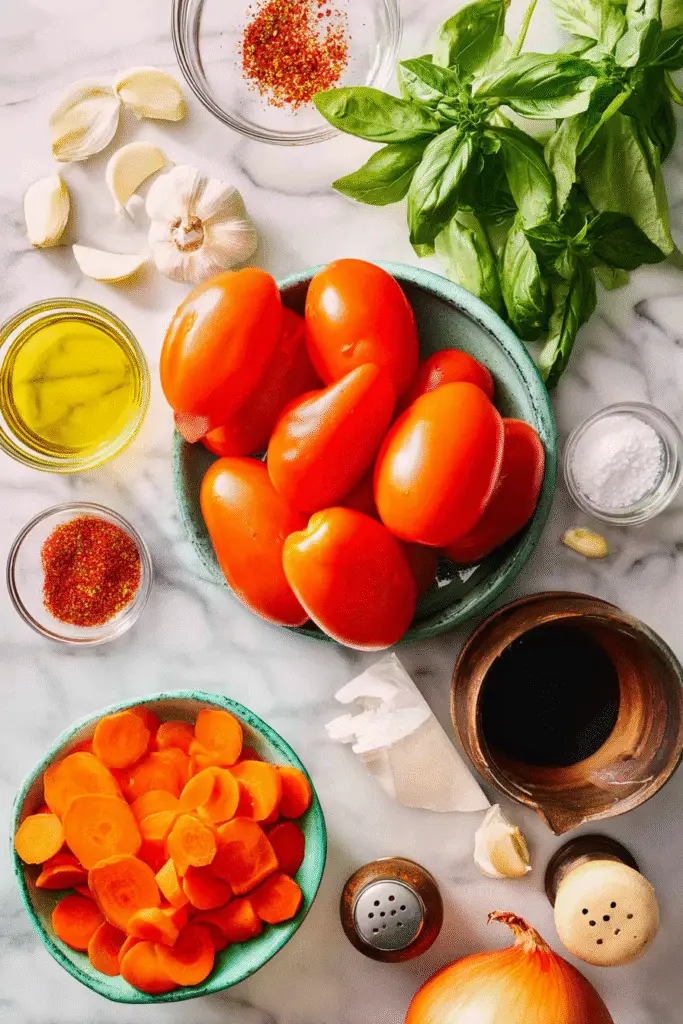 Fresh Roma tomatoes, basil, carrots, garlic, onion, and seasonings arranged for a vibrant homemade tomato basil soup