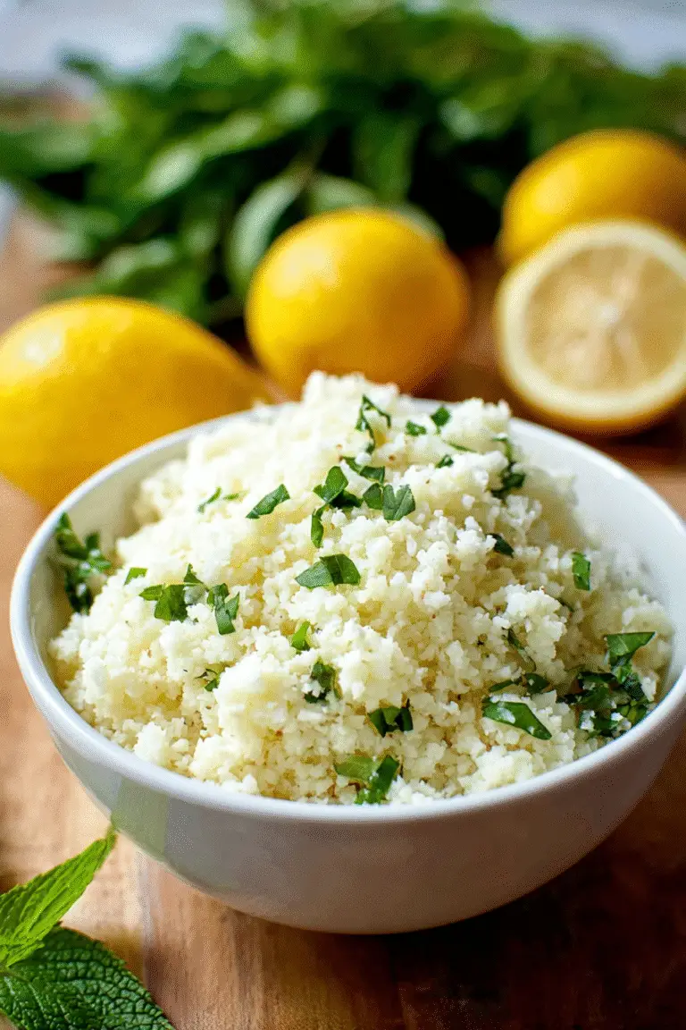 Fresh lemon garlic cauliflower rice topped with herbs in a white bowl, light, fluffy, and perfect for a healthy side dish.