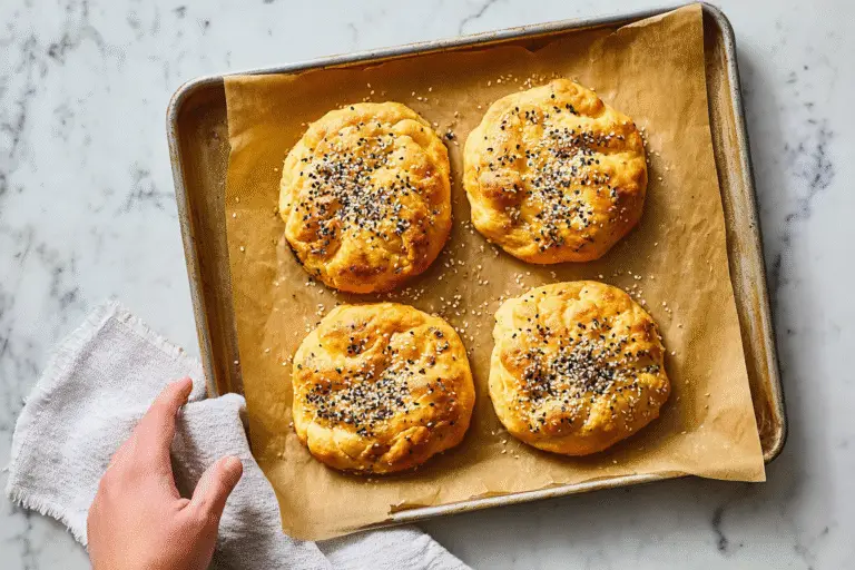 Four fluffy golden cloud bread rounds topped with everything bagel seasoning on a baking tray lined with parchment paper