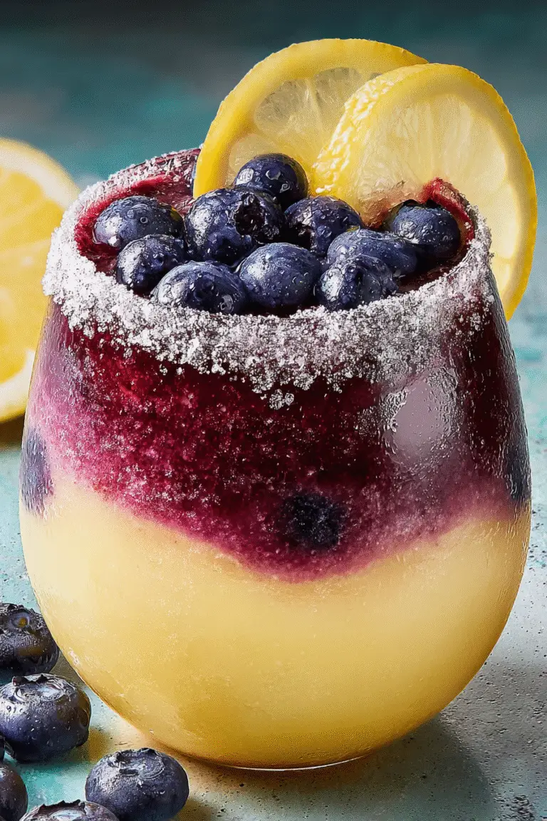 Frosty blueberry lemon drop slushie with sugared rim, layered purple and yellow ice, topped with blueberries and lemon slices
