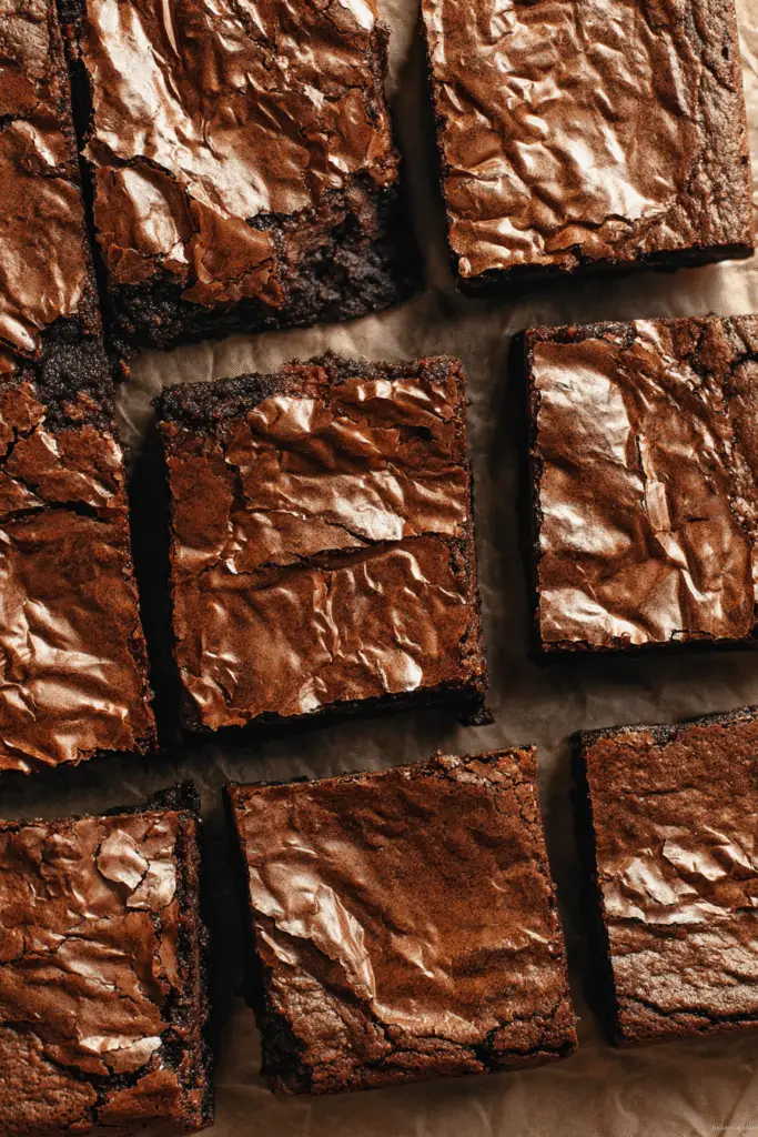Fudgy miso caramel brownies sliced into neat squares with shiny crackly tops on crinkled parchment paper.