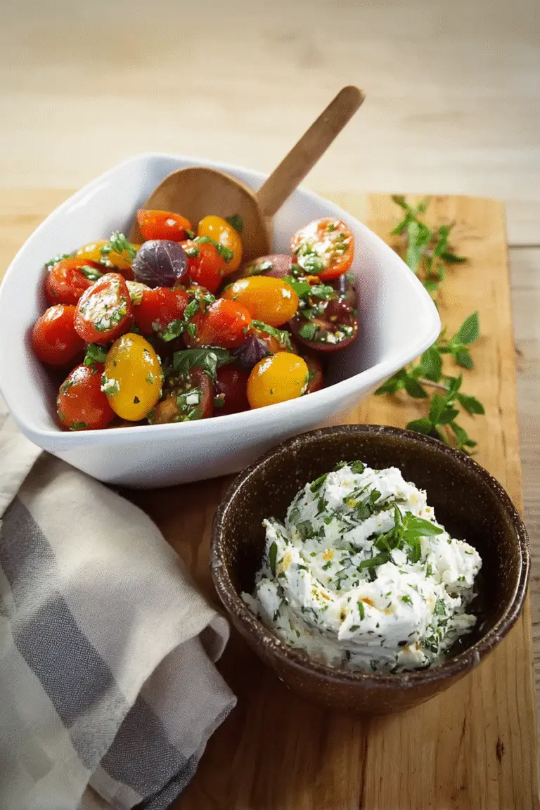 Fresh cherry tomato basil mix in a white bowl with a side of garlic herb goat cheese spread in a rustic bowl on wooden board