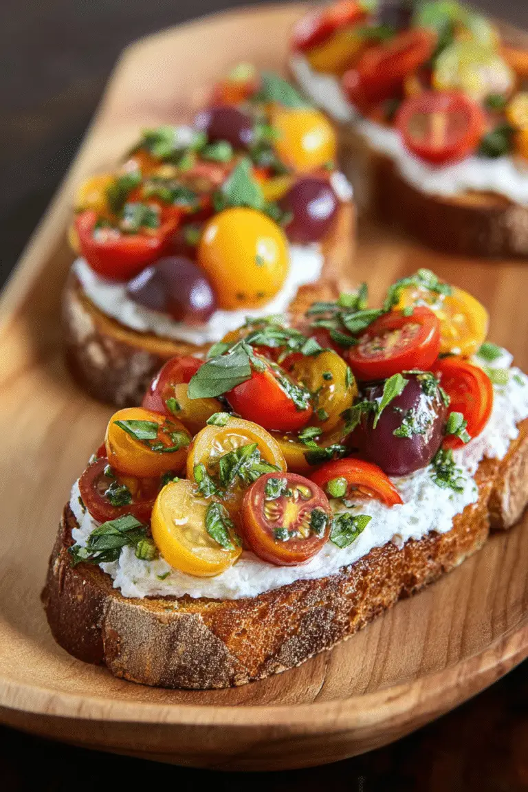 Toasted bread topped with garlic herb goat cheese, colorful cherry tomatoes, and fresh basil for a vibrant bruschetta appetizer