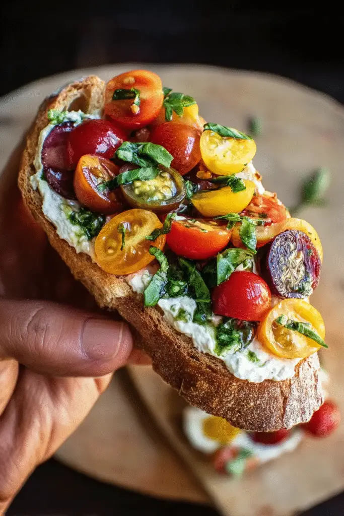 Garlic herb goat cheese bruschetta topped with colorful cherry tomatoes and fresh basil on toasted rustic bread