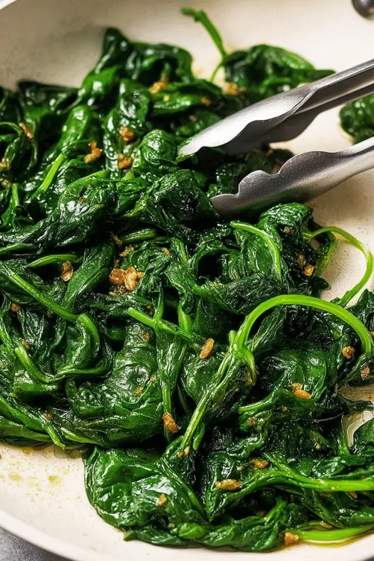 "Fresh garlic sautéed spinach with onions in a skillet, tender greens glistening with olive oil and golden garlic for a tasty side"