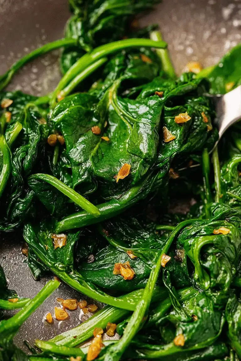 "Garlic sautéed spinach with onions in a skillet, tender wilted greens glistening with olive oil and golden garlic bits"