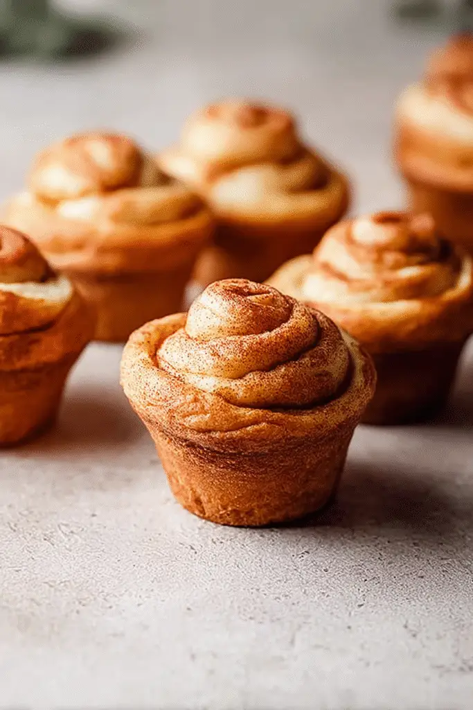 Freshly baked golden brown cinnamon roll cupcakes with soft swirls, cooling on a light textured surface, ready to serve