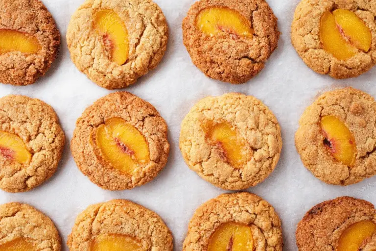 Golden peach cobbler cookies topped with juicy peach slices, arranged in a neat grid on parchment paper