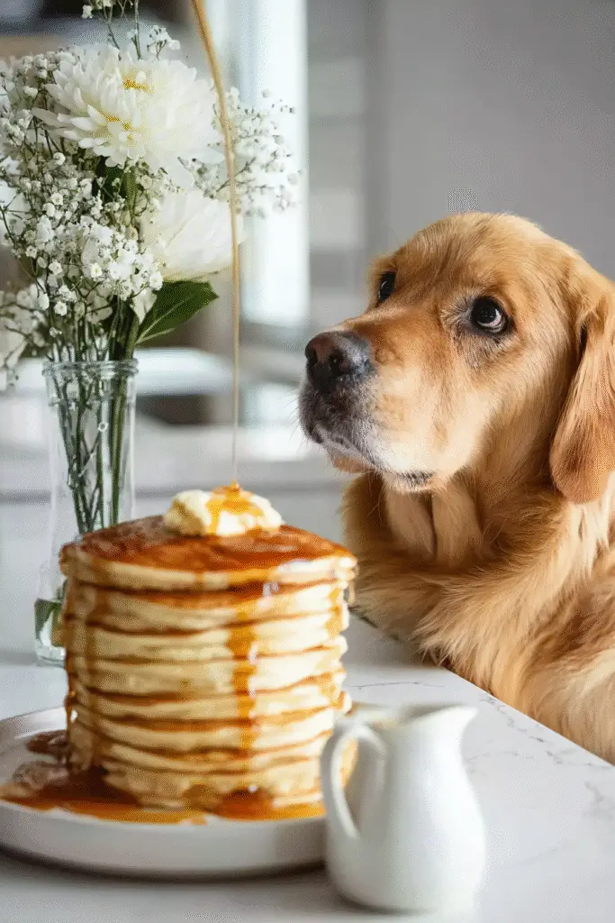 Golden retriever staring at a tall stack of fluffy pancakes topped with butter and maple syrup, with flowers in the background.