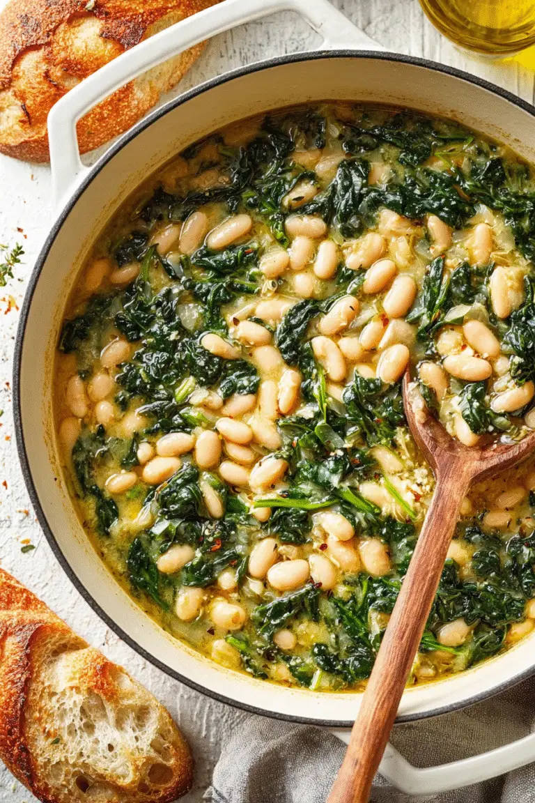 Hearty pot of white beans and greens in a golden broth with herbs, served with crusty bread for a rustic comforting meal.