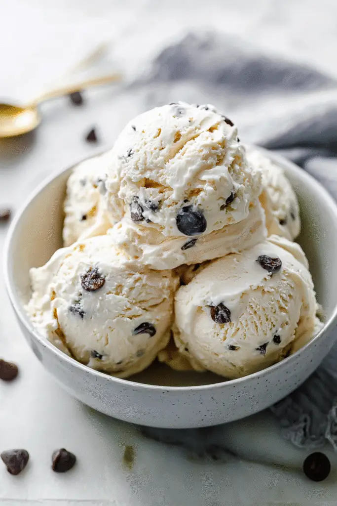 Creamy scoops of homemade cottage cheese ice cream with rich chocolate chips served in a white bowl for a sweet treat