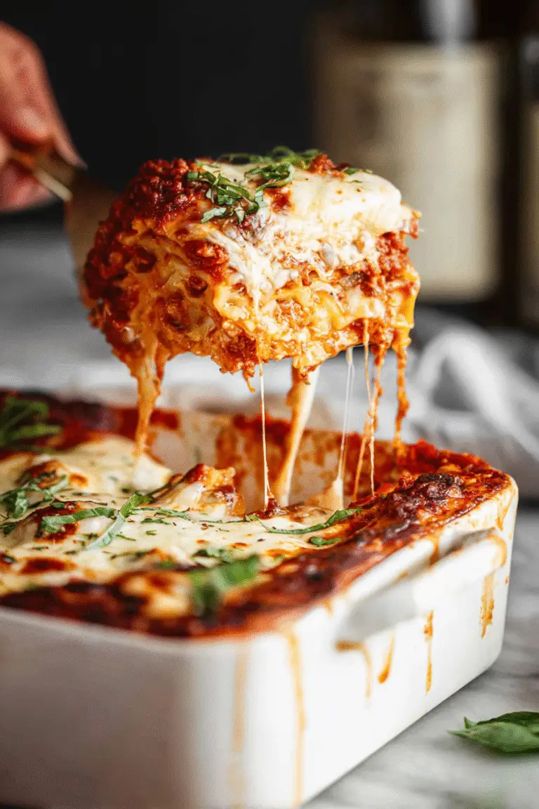 Cheesy lasagna slice lifted from baking dish with layers of pasta, meat sauce, and basil, melted mozzarella stretching