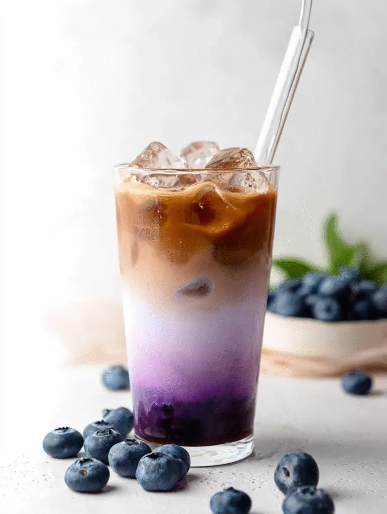 Layered iced blueberry latte in a tall glass with espresso, milk, and blueberry syrup, surrounded by fresh blueberries