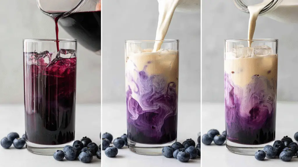 Three-step process of making iced blueberry latte in a tall glass with blueberry syrup, milk, and espresso over ice