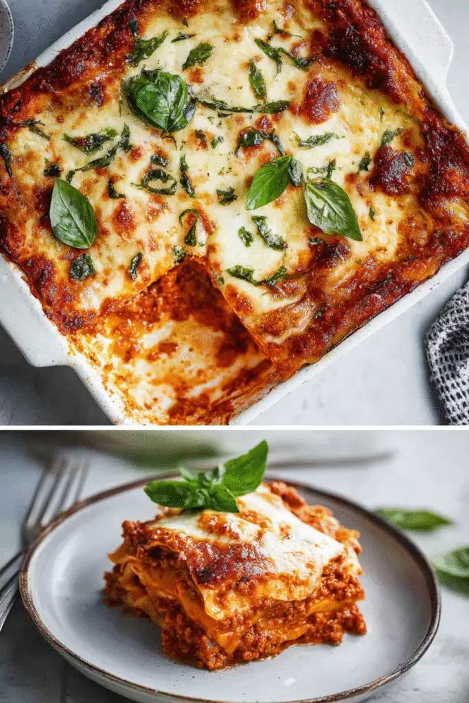 Golden baked homemade lasagna topped with basil in a dish and a cheesy layered slice served on a plate with fresh garnish