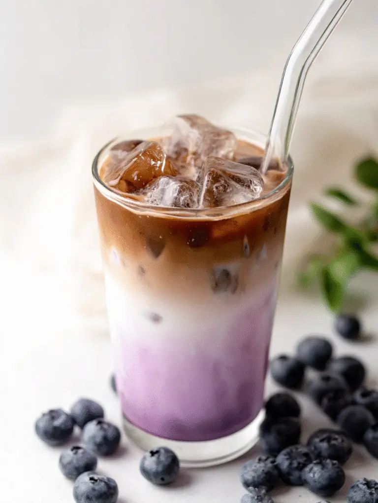 Tall glass of iced blueberry latte with layered blueberry milk, creamy middle, espresso top, and fresh blueberries around