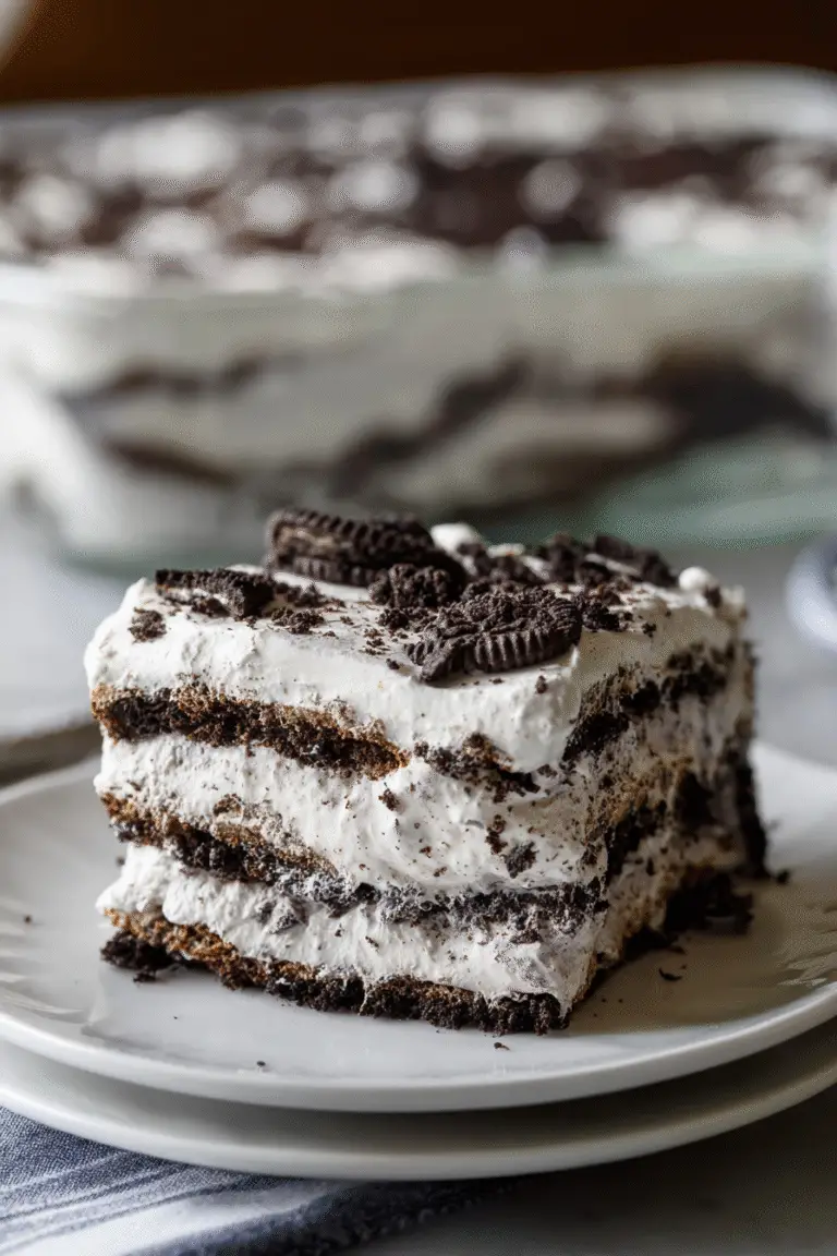 Tall slice of Oreo icebox cake with creamy layers, cookie crumbles, and chocolate drizzle, topped with mini Oreo cookies