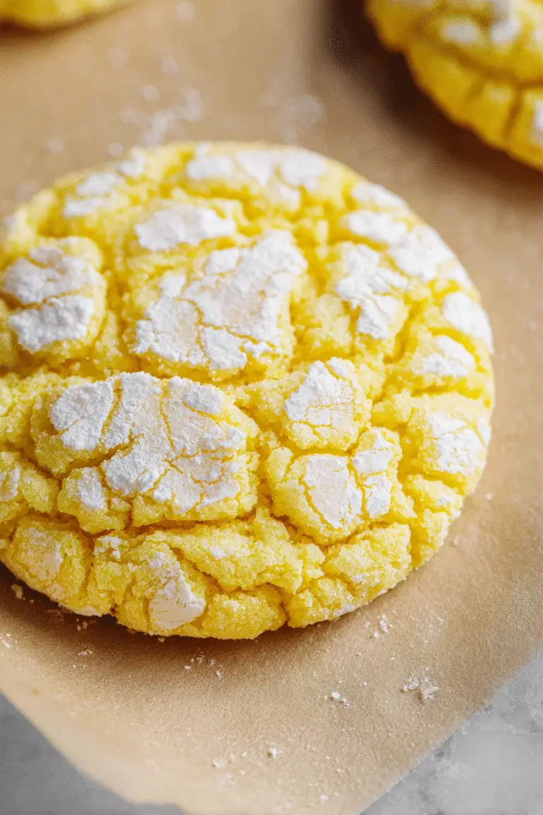 Close-up of a lemon cake cookie with cracked powdered sugar topping, golden yellow and chewy with a soft texture