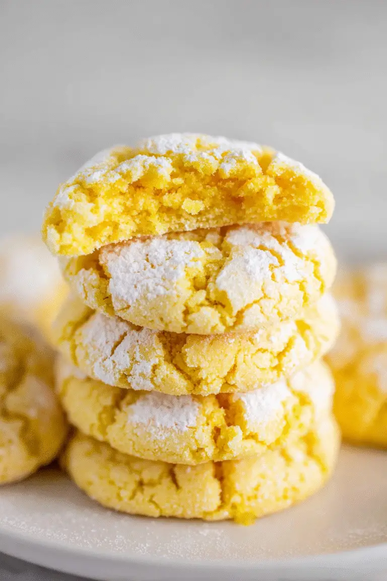 Stack of lemon cake cookies dusted with powdered sugar, top cookie broken to reveal soft and fluffy golden inside