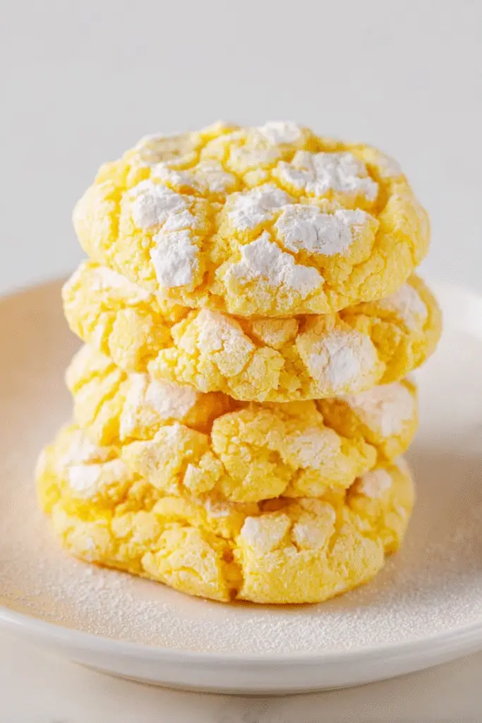Stack of lemon cake cookies coated with powdered sugar, soft and chewy with a bright golden color on a white plate