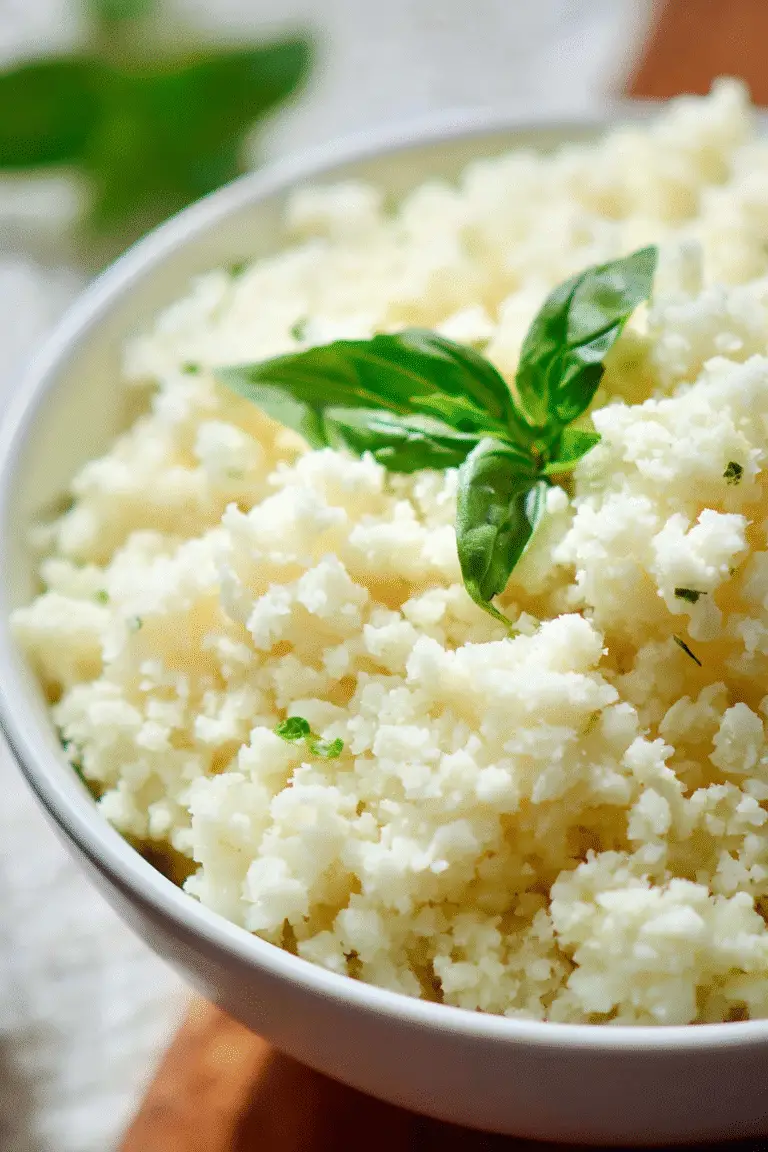 Fluffy lemon garlic cauliflower rice served fresh with herbs, light, low-carb, and delicious for healthy meals.